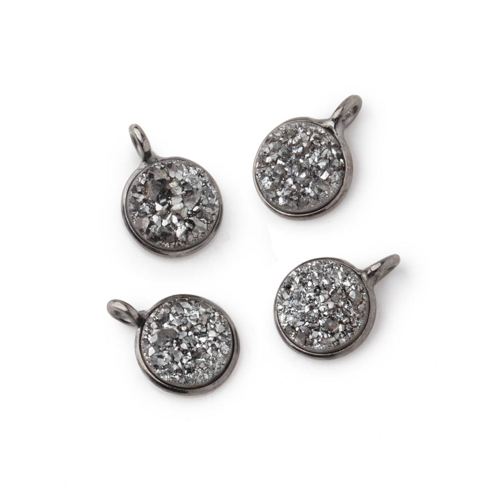 8mm Black Gold .925 Bezel Platinum Grey Drusy Coin Pendant Set of 4 Pieces (ONLINE ORDER ONLY)