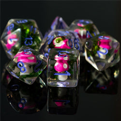 Pink Mushroom Dice Clear Green Vine w/Lavender Numbers 7-Dice Set Rpg (Online Only)