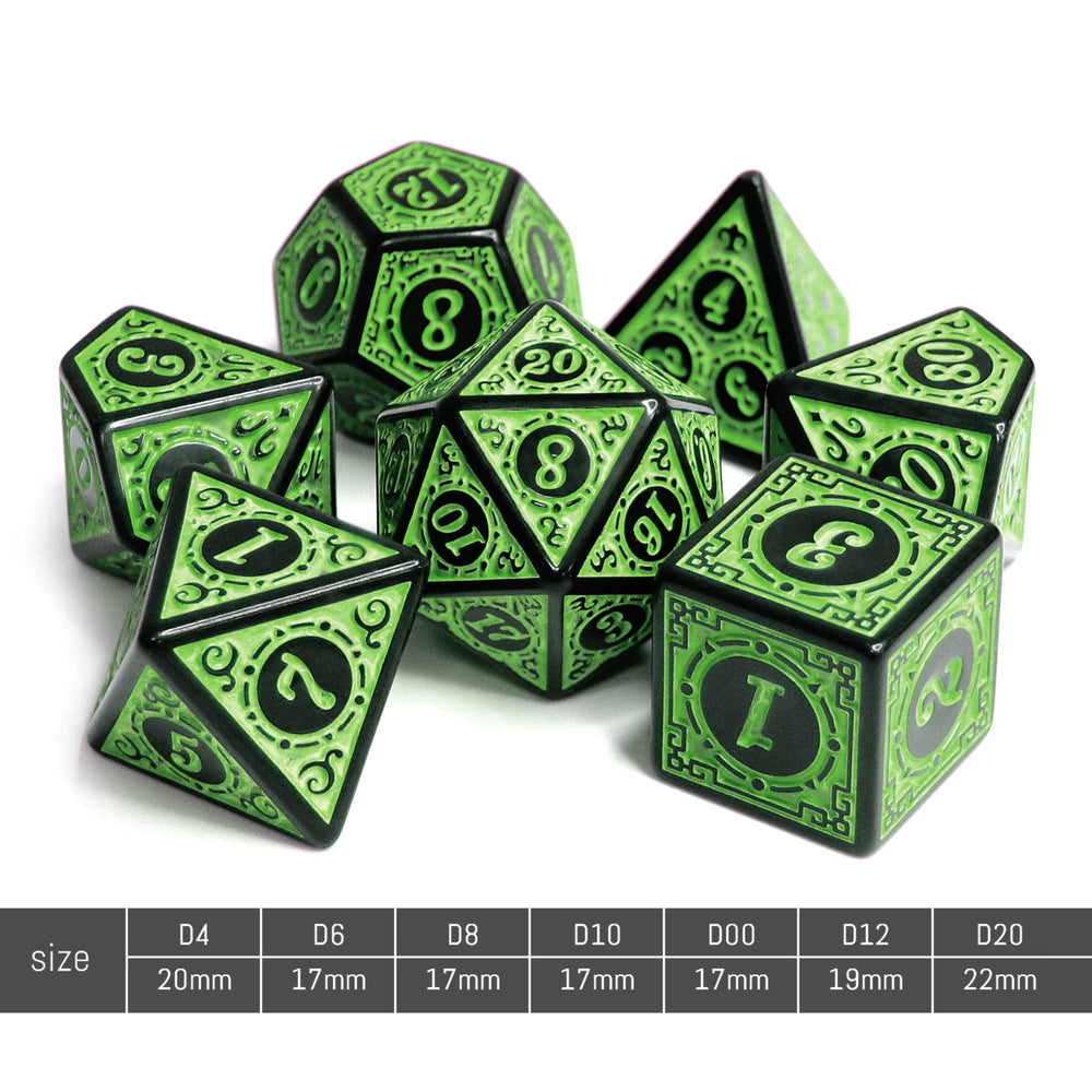 Green Magic Flame 7-Dice Set DND RPG Dice Black w/Color Fill (Online Only)