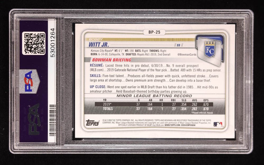 Bobby Witt Jr. Signed 2020 Bowman Prospects Paper #BP25 RC (PSA 7 | Autograph Graded 9) Rookie Card (Online Order Only)