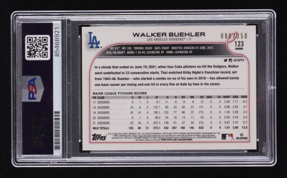 Walker Buehler Signed 2022 Topps Chrome Magenta Speckle #123 #88/350 (PSA) Serially Numbered #88 / 350 (Online Order Only)
