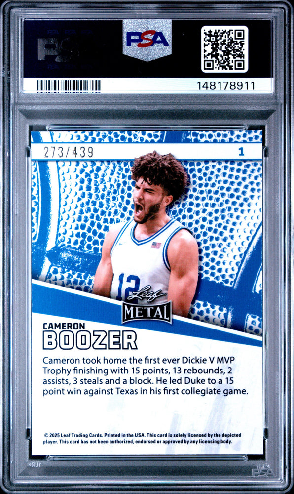 Graded 2025 Leaf Cameron Boozer #1 /439 Rookie RC Basketball Card PSA 10 Gem Mint