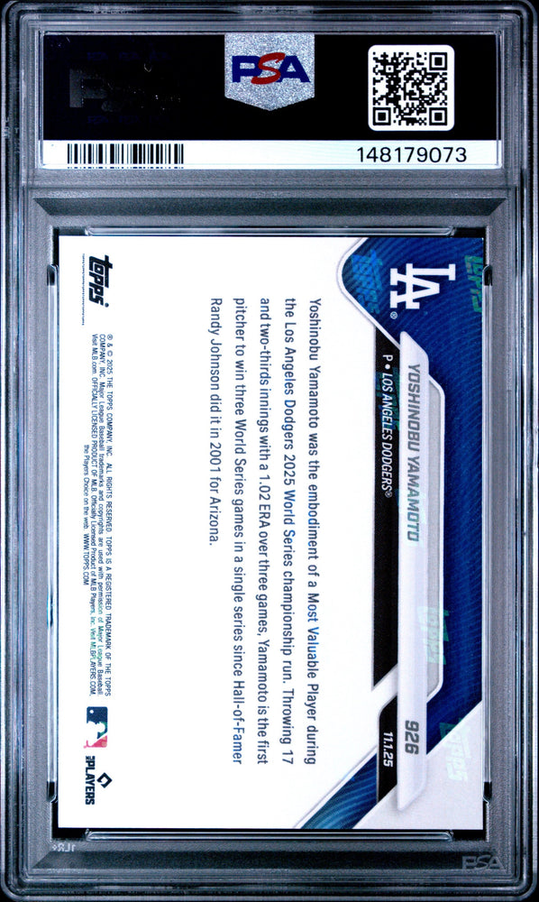 Graded 2025 Topps Now Yoshinobu Yamamoto #926 Baseball Card PSA 10 Gem Mint