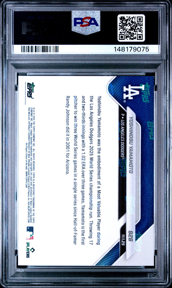 Graded 2025 Topps Now Yoshinobu Yamamoto #926 Baseball Card PSA 9 Mint