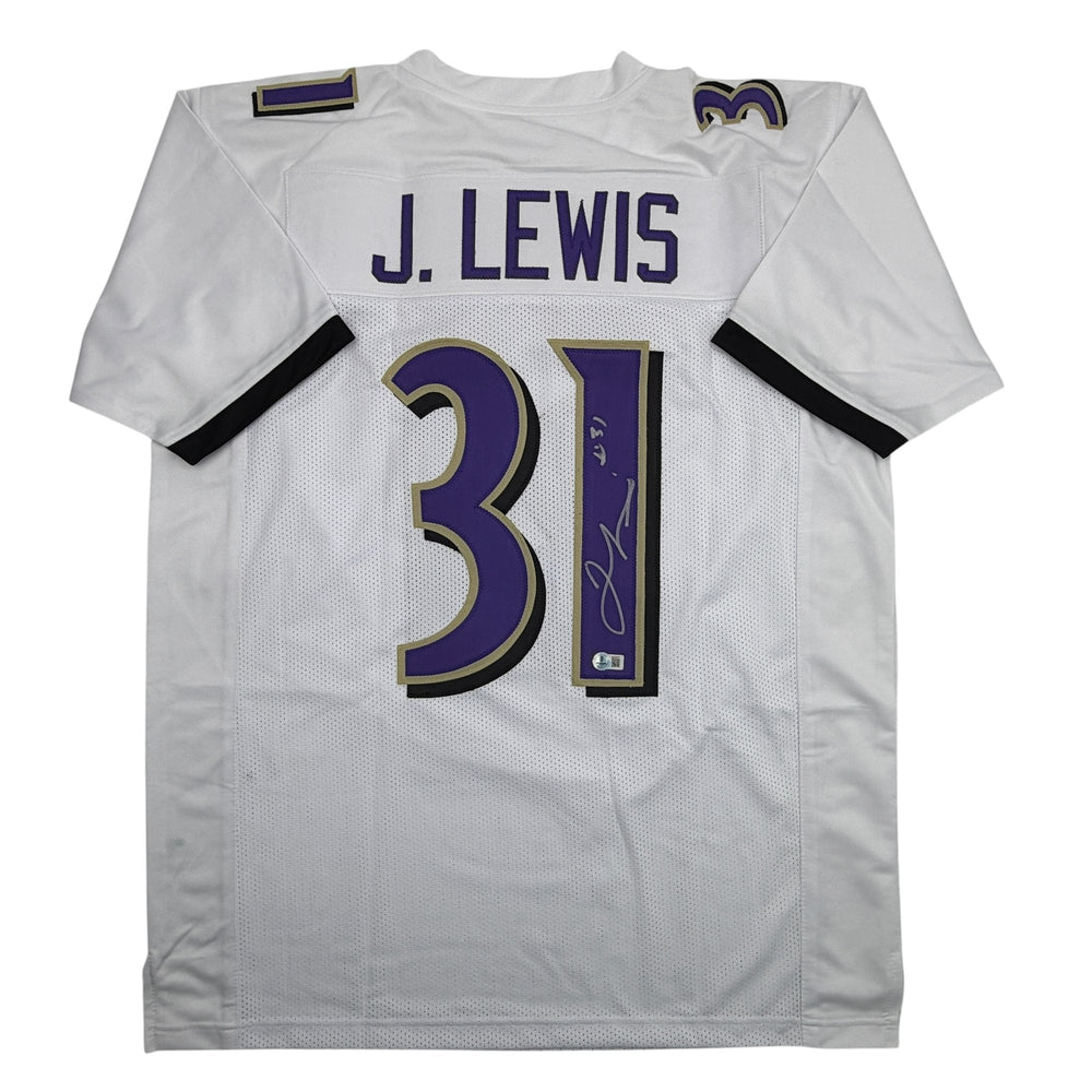 Autographed/Signed Jamal Lewis Baltimore White Football Jersey Beckett BAS COA