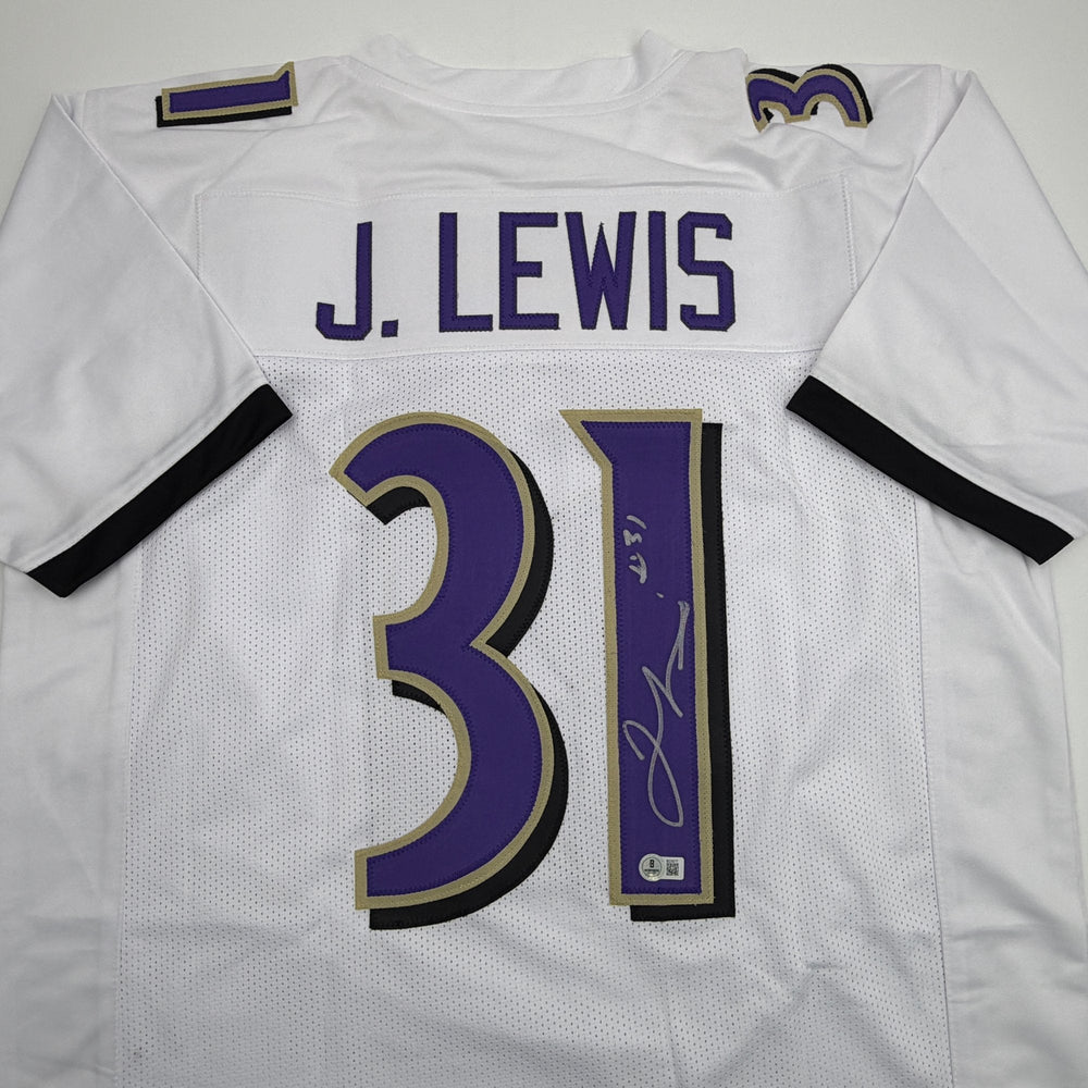 Autographed/Signed Jamal Lewis Baltimore White Football Jersey Beckett BAS COA