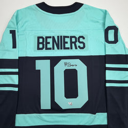 Autographed/Signed Matty Beniers Seattle Kraken Blue Authentic Hockey Jersey Fanatics COA