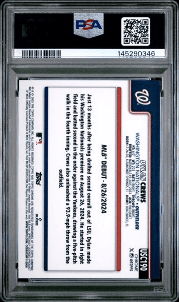 Graded 2025 Topps Chrome Update Dylan Crews #190 Green Wave /99 Rookie RC Baseball Card PSA 10 Gem Mint