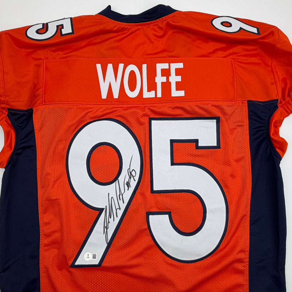 Autographed/Signed Derek Wolfe Denver Orange Pro Cut Football Jersey Beckett BAS COA