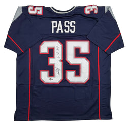 Autographed/Signed Patrick Pass 3x SB Champ New England Blue Football Jersey Beckett BAS COA