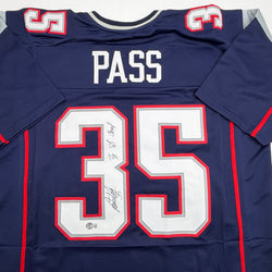 Autographed/Signed Patrick Pass 3x SB Champ New England Blue Football Jersey Beckett BAS COA