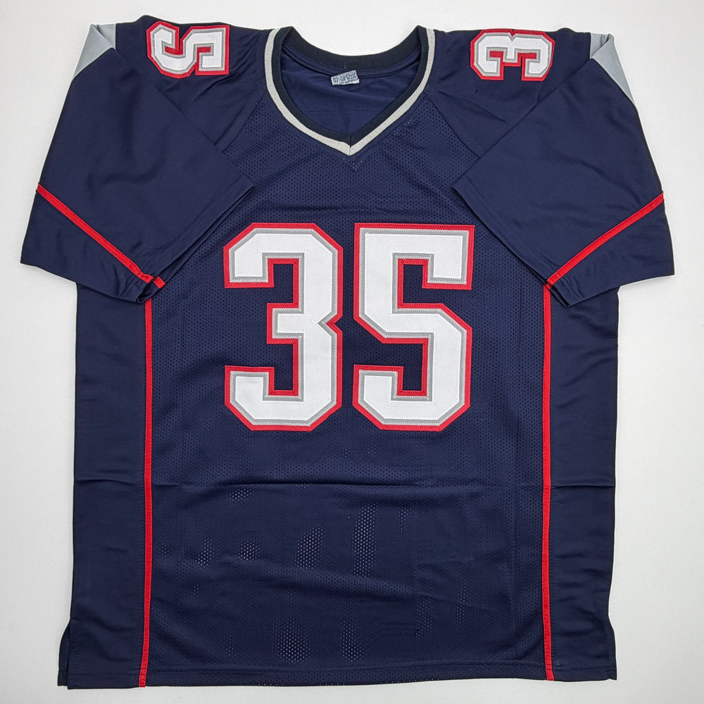 Autographed/Signed Patrick Pass 3x SB Champ New England Blue Football Jersey Beckett BAS COA