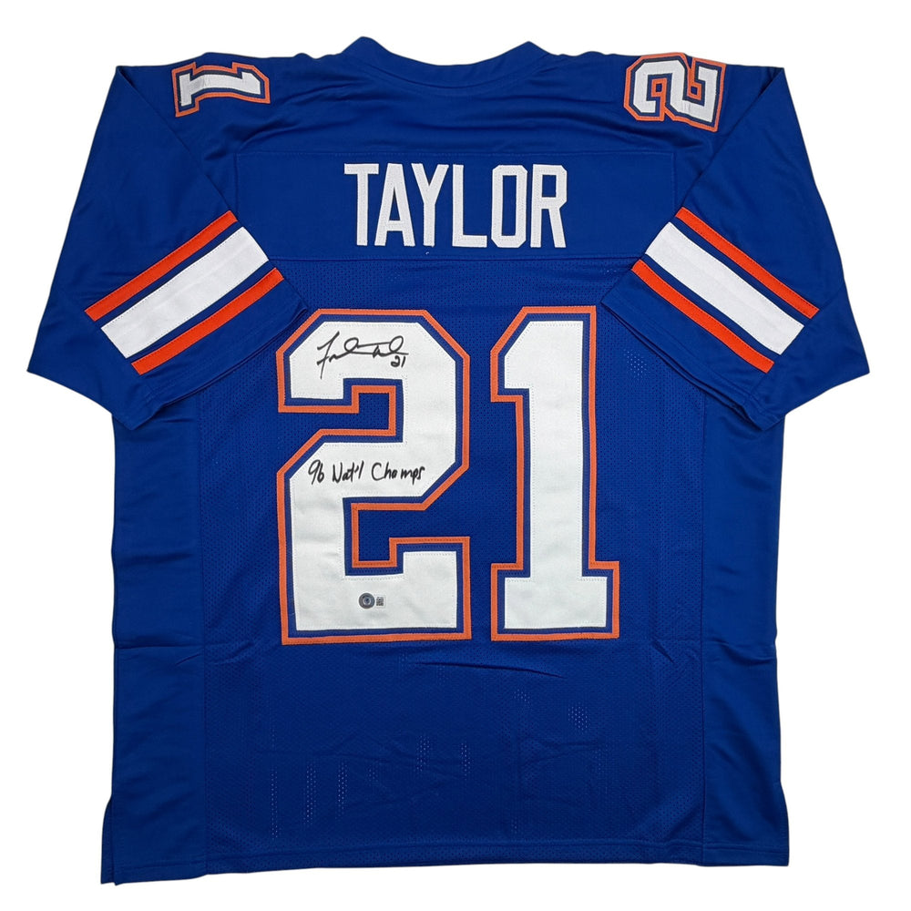 Autographed/Signed Fred Taylor 96 National Champs Florida Blue College Football Jersey Beckett BAS COA