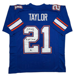 Autographed/Signed Fred Taylor 96 National Champs Florida Blue College Football Jersey Beckett BAS COA