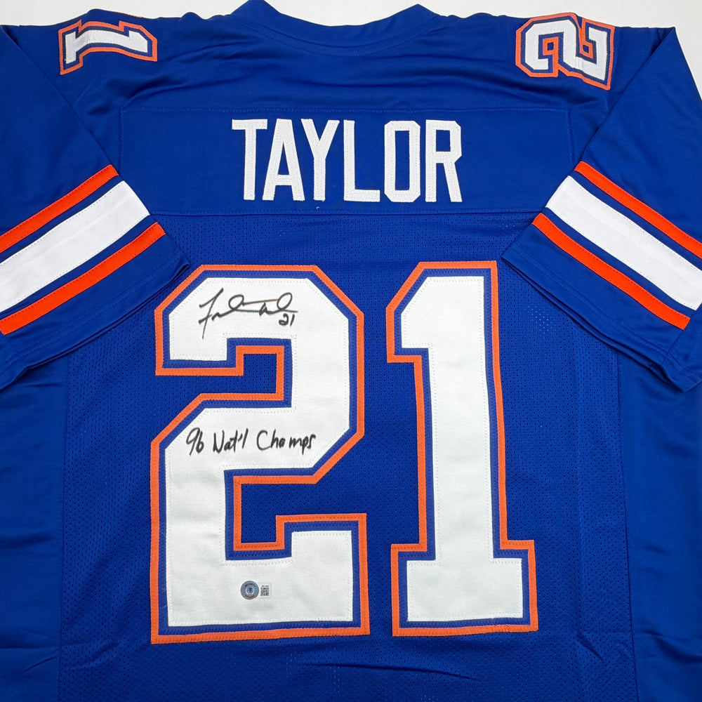 Autographed/Signed Fred Taylor 96 National Champs Florida Blue College Football Jersey Beckett BAS COA