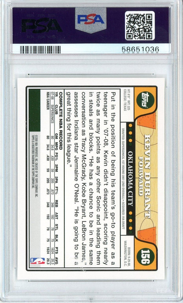 Graded 2008 Topps Kevin Durant #156 Basketball Card PSA 10 Gem Mint
