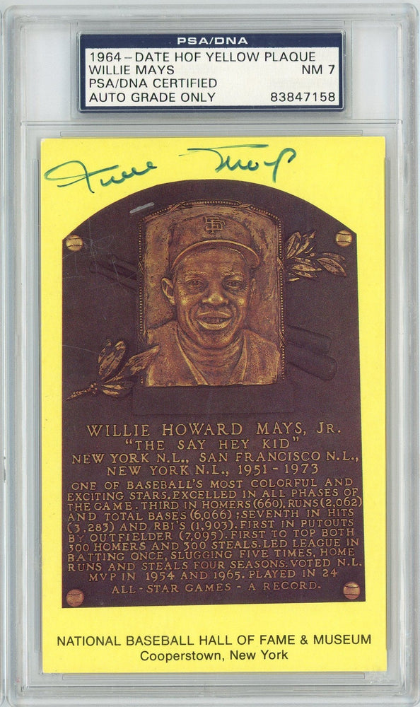 Graded Baseball Hall of Fame Plaque Willie Mays Signed Autographed Baseball Postcard PSA 7 Near Mint