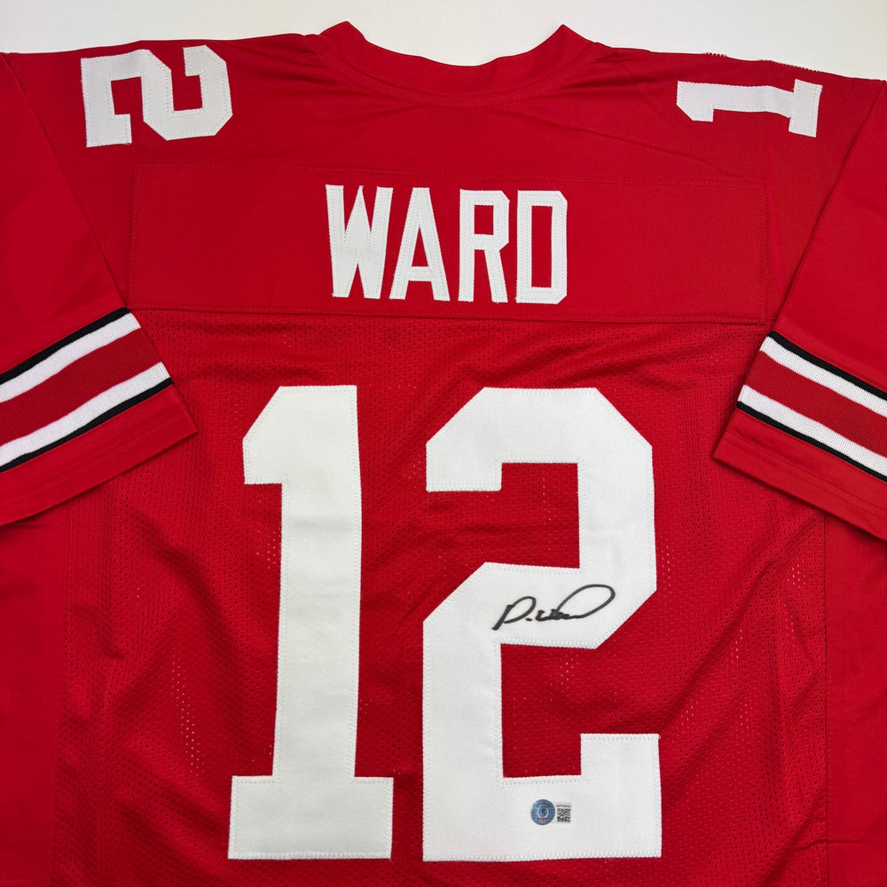 Autographed/Signed Denzel Ward Ohio State Red College Football Jersey Beckett BAS COA