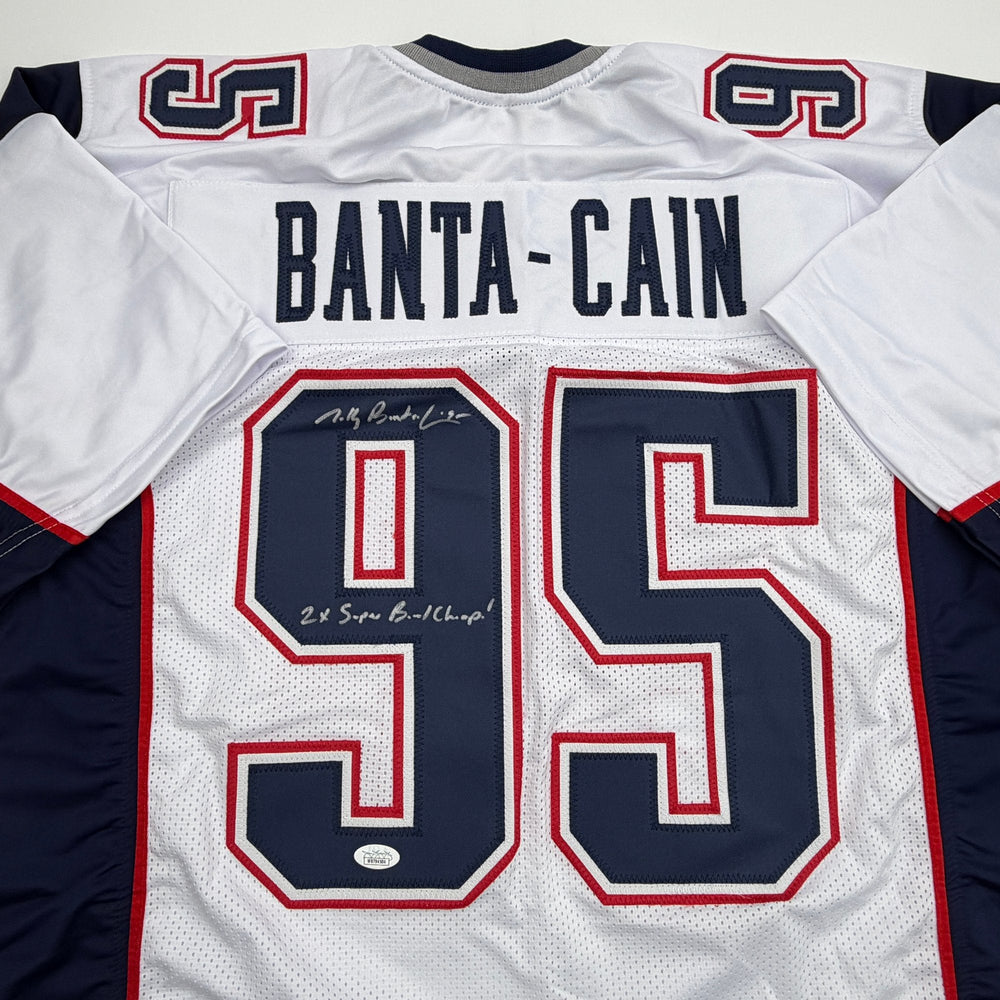 Autographed/Signed Tully Banta-Cain New England White Football Jersey JSA COA