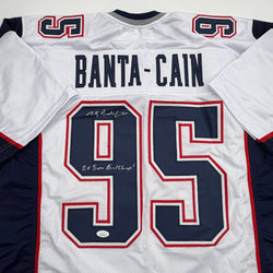 Autographed/Signed Tully Banta-Cain New England White Football Jersey JSA COA