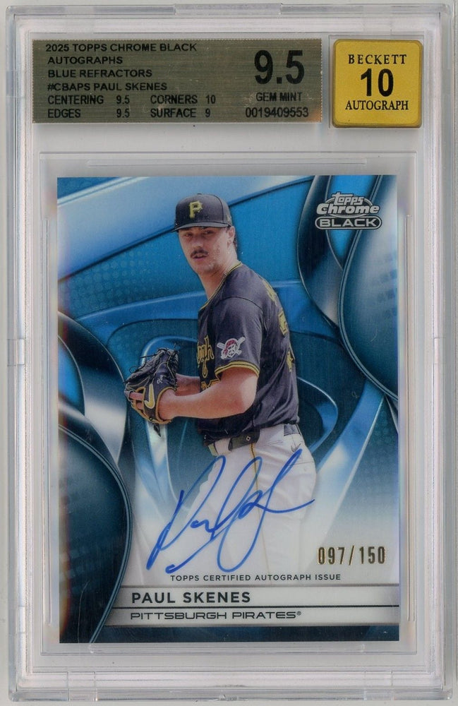 Graded 2025 Topps Chrome Black Paul Skenes #CBAPS /150 Blue Refractor Auto Baseball Card BGS 9.5 Auto 10 Gem Mint