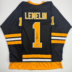 Autographed/Signed Rejean Lemelin Boston Black Hockey Jersey Beckett BAS COA