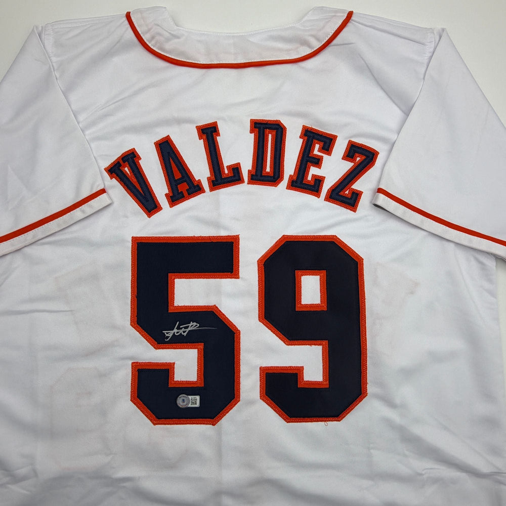 Autographed/Signed Framber Valdez Houston White Baseball Jersey Beckett BAS COA