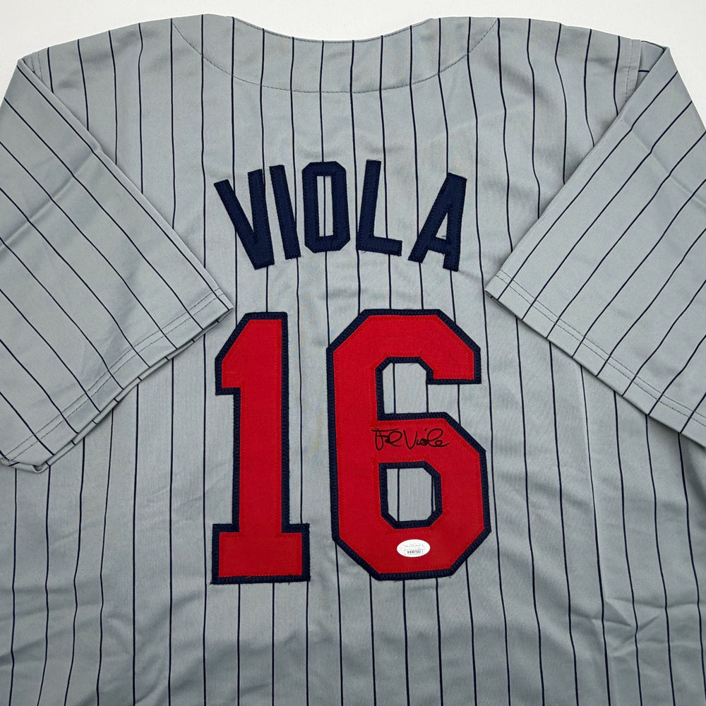 Autographed/Signed Frank Viola Minnesota Grey Pinstripe Baseball Jersey JSA COA