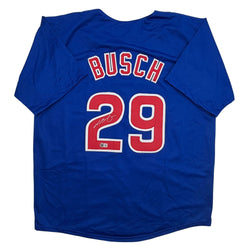 Autographed/Signed Michael Busch Chicago Blue Baseball Jersey Beckett BAS COA (ONLINE ORDER ONLY)