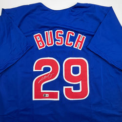 Autographed/Signed Michael Busch Chicago Blue Baseball Jersey Beckett BAS COA (ONLINE ORDER ONLY)