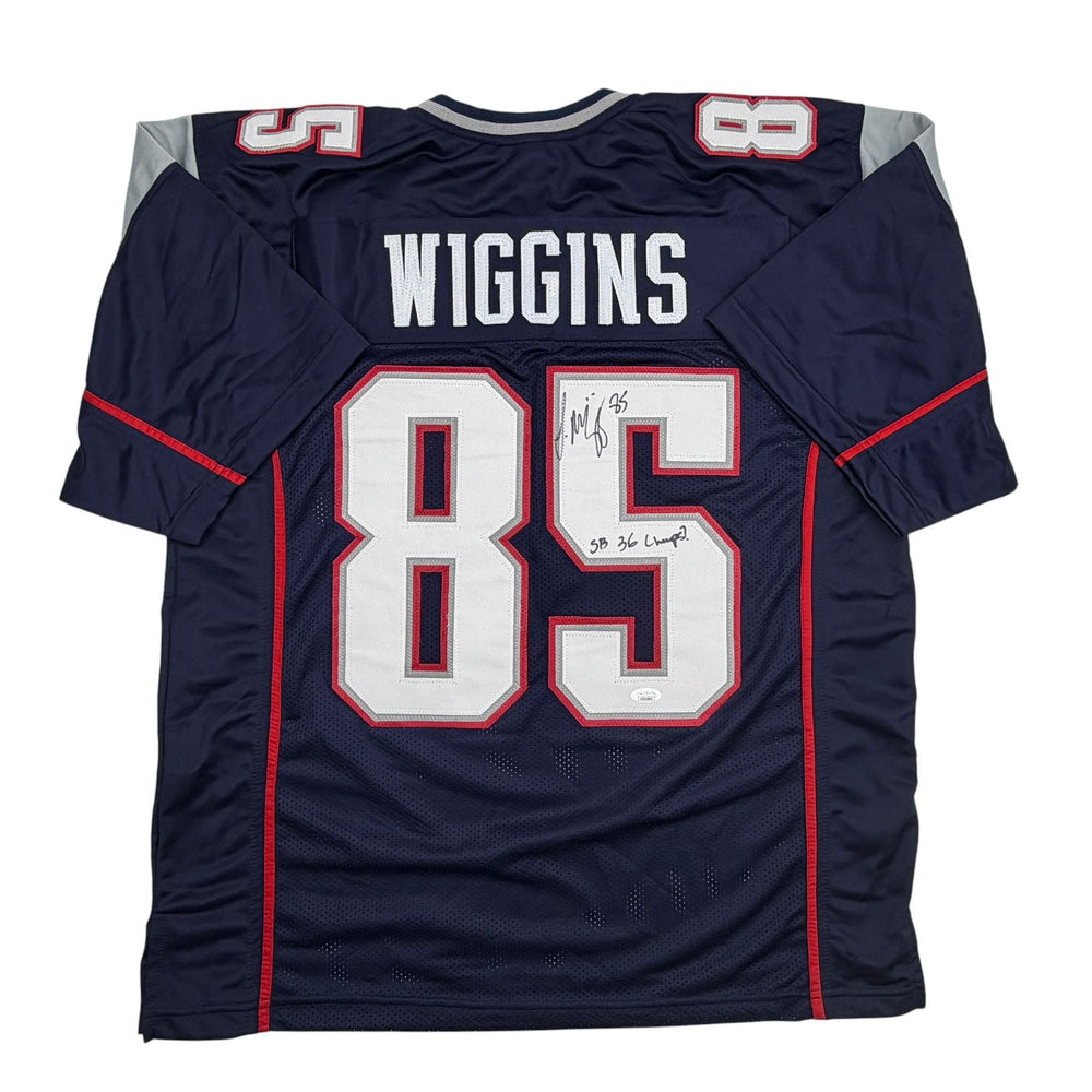 Autographed/Signed Jermaine Wiggins SB 36 Champs New England Blue Football Jersey JSA COA