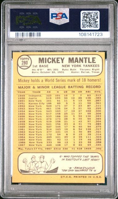 Graded 1968 Topps Mickey Mantle #280 Baseball Card PSA 6 EX-MT