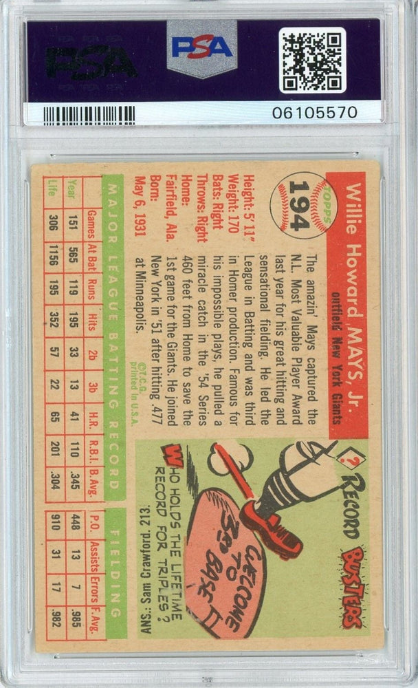 Graded 1955 Topps Willie Mays #194 Baseball Card PSA 5 Excellent