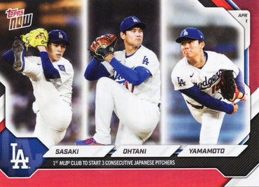 2026 Topps Now Roki Sasaki/Shohei Ohtani/Yoshinobu Yamamoto #42 Red Foil /5 1st MLB Club to Start 3 Consecutive Japanese Pitchers Los Angeles Dodgers Baseball Card