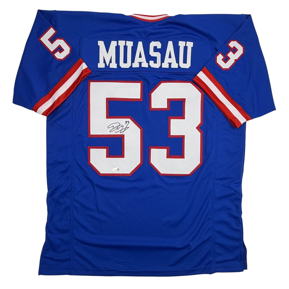 Autographed/Signed Darius Muasau New York Blue Retro Football Jersey JSA COA