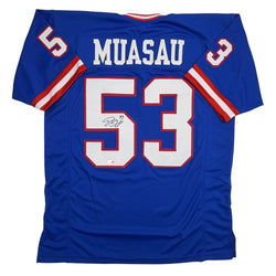 Autographed/Signed Darius Muasau New York Blue Retro Football Jersey JSA COA