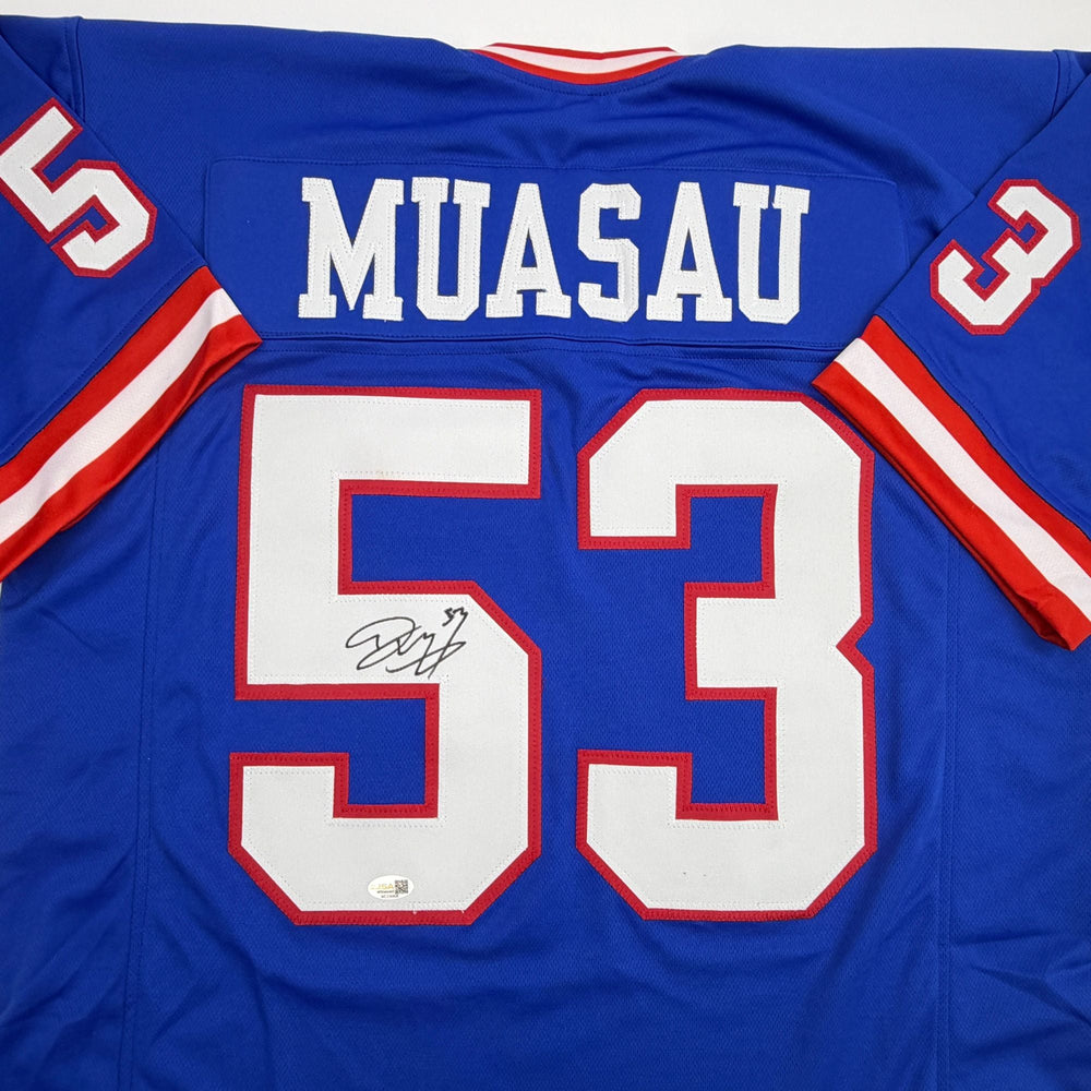 Autographed/Signed Darius Muasau New York Blue Retro Football Jersey JSA COA