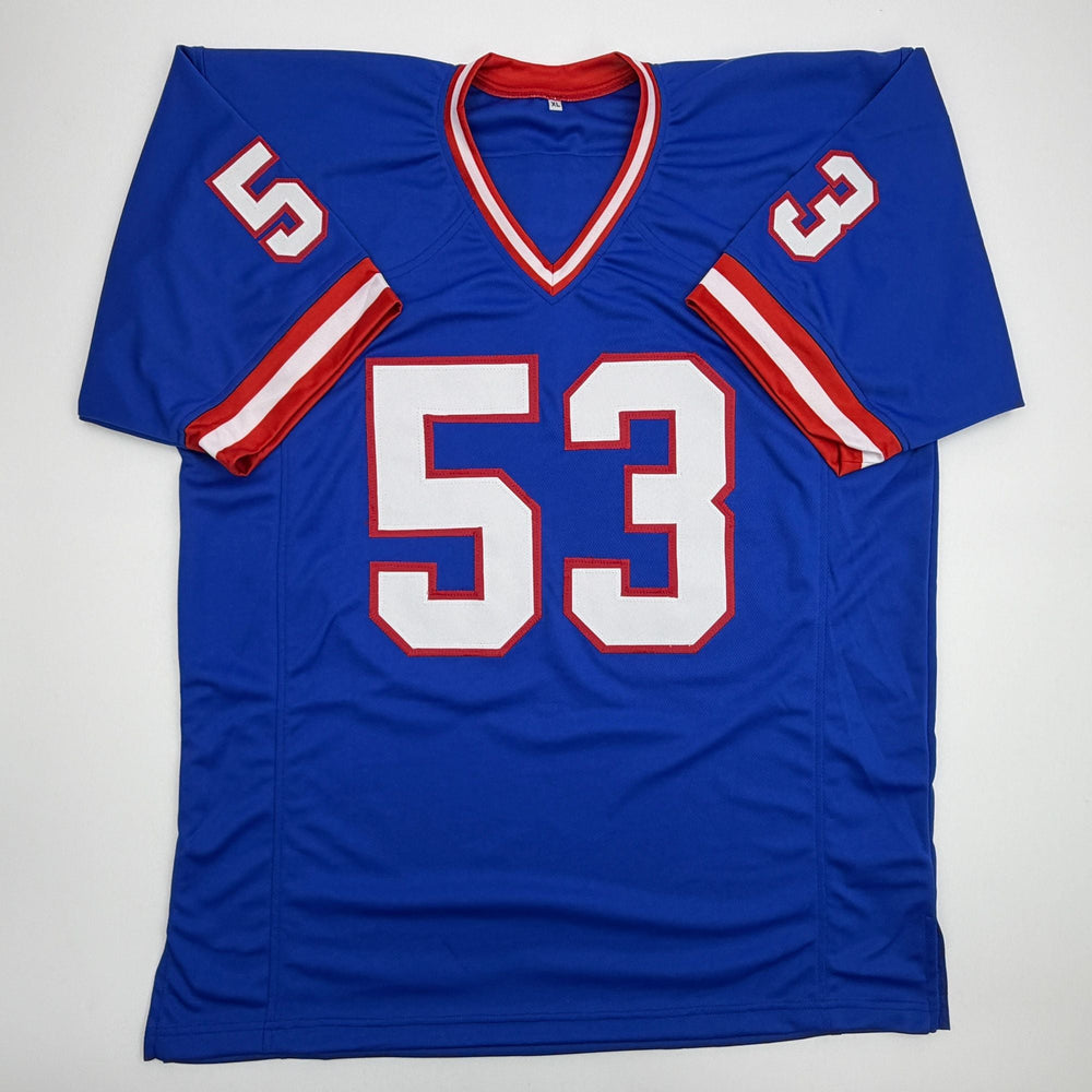 Autographed/Signed Darius Muasau New York Blue Retro Football Jersey JSA COA