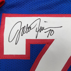 Autographed/Signed John Fina Buffalo Blue Football Jersey JSA COA