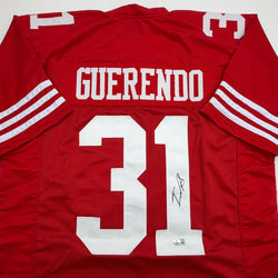 Autographed/Signed Isaac Guerendo San Francisco Red Football Jersey Beckett BAS COA