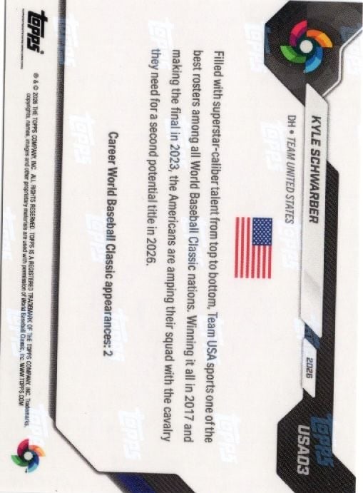 2026 Topps Now WBC Kyle Schwarber #USA03 Orange Foil /25 Team USA Baseball Card
