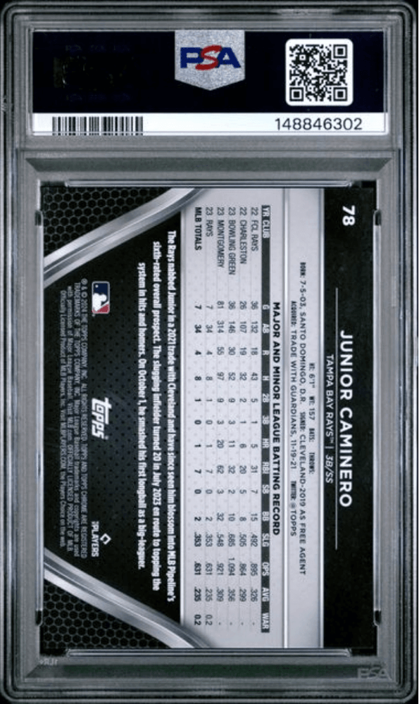 Graded 2024 Topps Chrome Black Junior Caminero #78 Green Refractor /99 Rookie RC Baseball Card PSA 10 Gem Mint