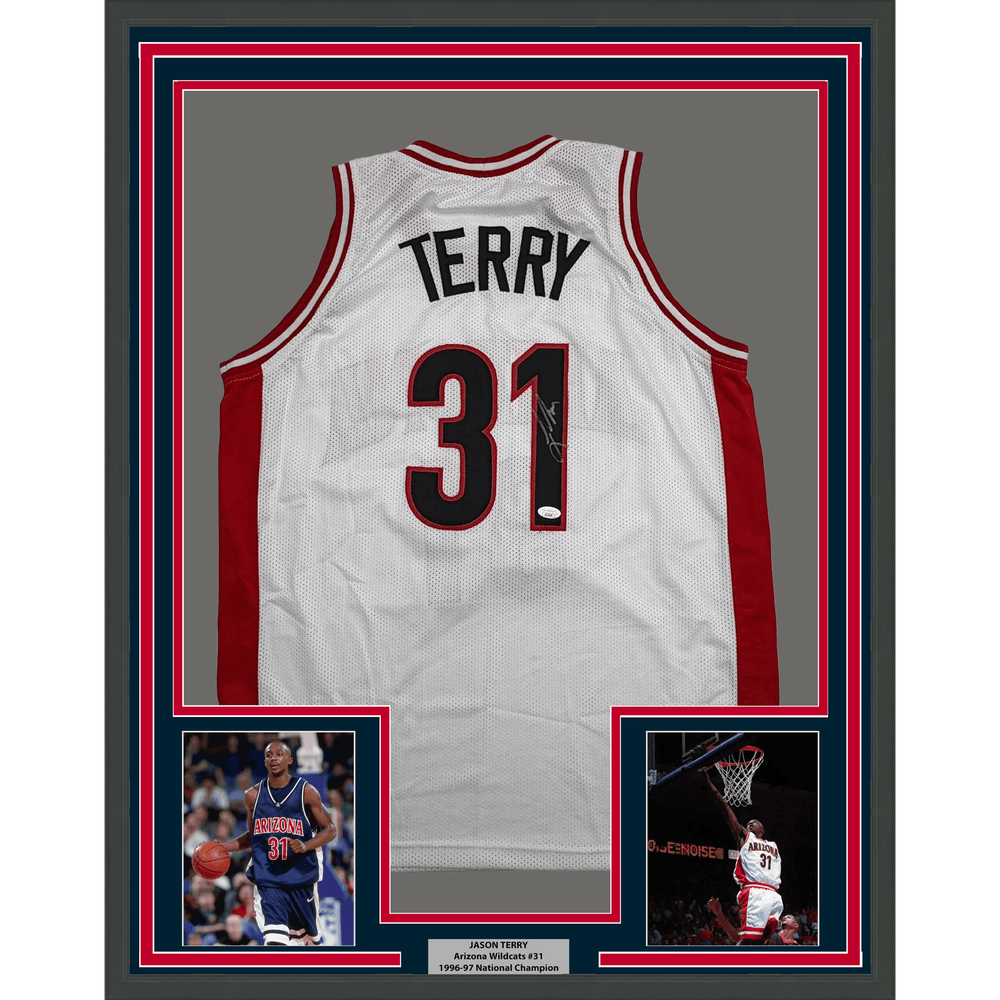 Framed Autographed/Signed Jason Terry 35x39 Arizona White College Basketball Jersey JSA COA