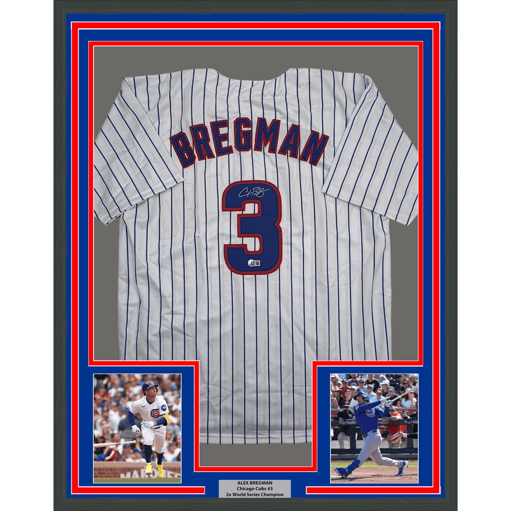 Framed Autographed/Signed Alex Bregman 35x39 Chicago Pinstripe Baseball Jersey Beckett BAS COA