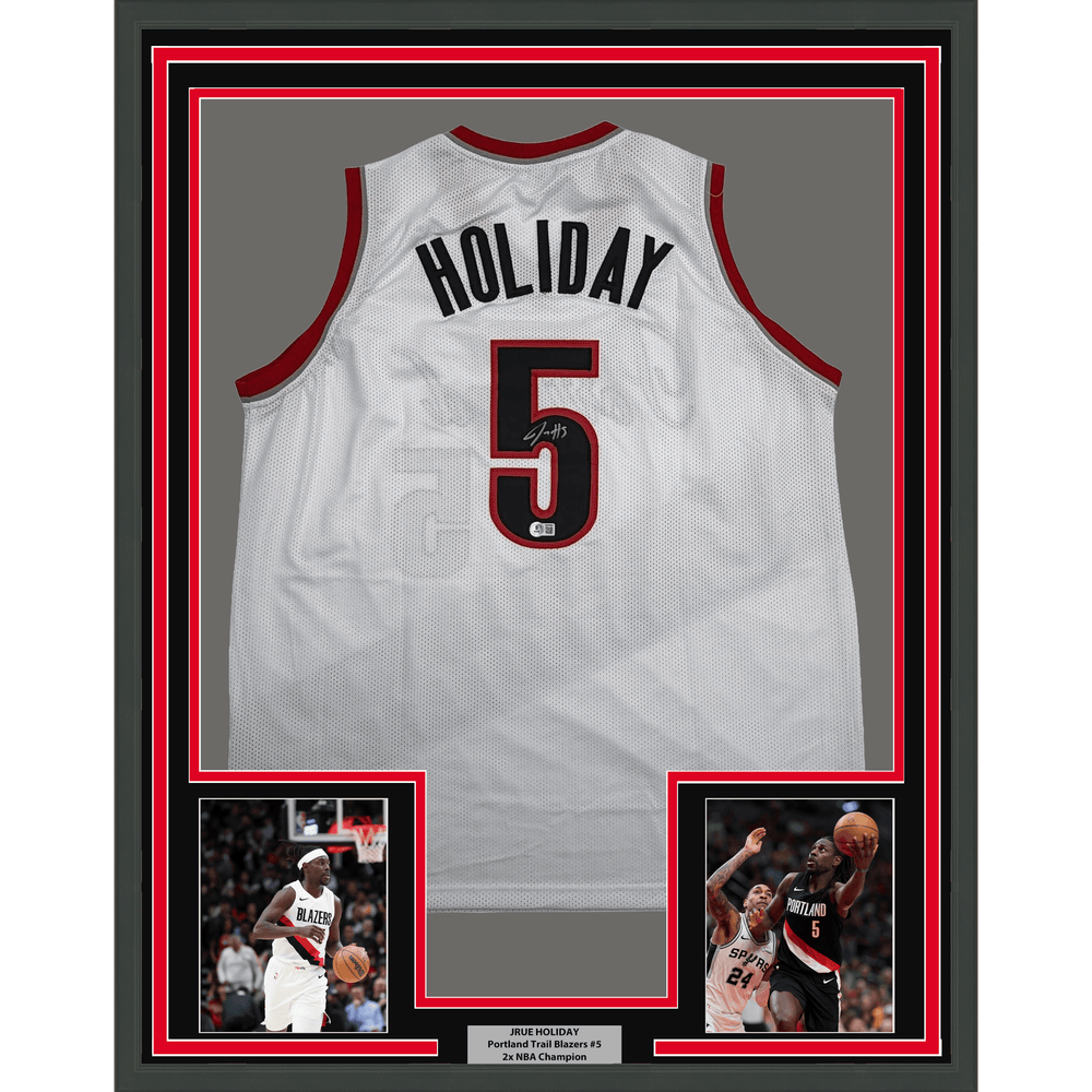 Framed Autographed/Signed Jrue Holiday 35x39 Portland White Basketball Jersey Beckett BAS COA