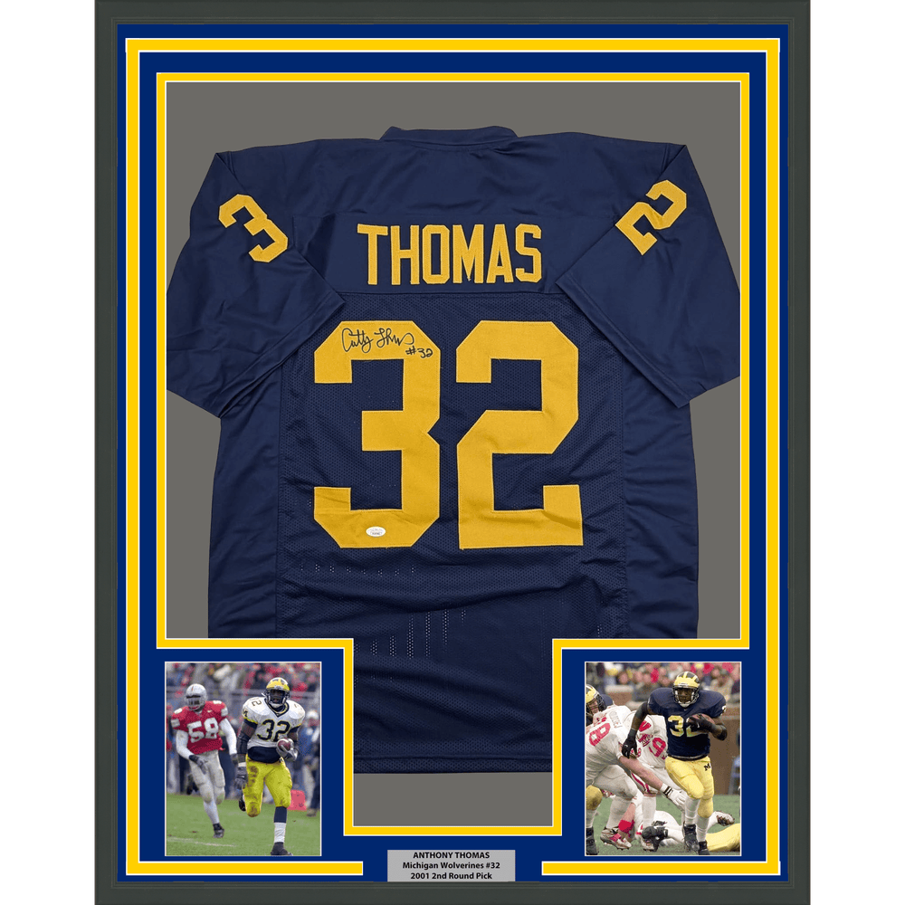 Framed Autographed/Signed Anthony Thomas 35x39 Michigan Blue College Football Jersey JSA COA