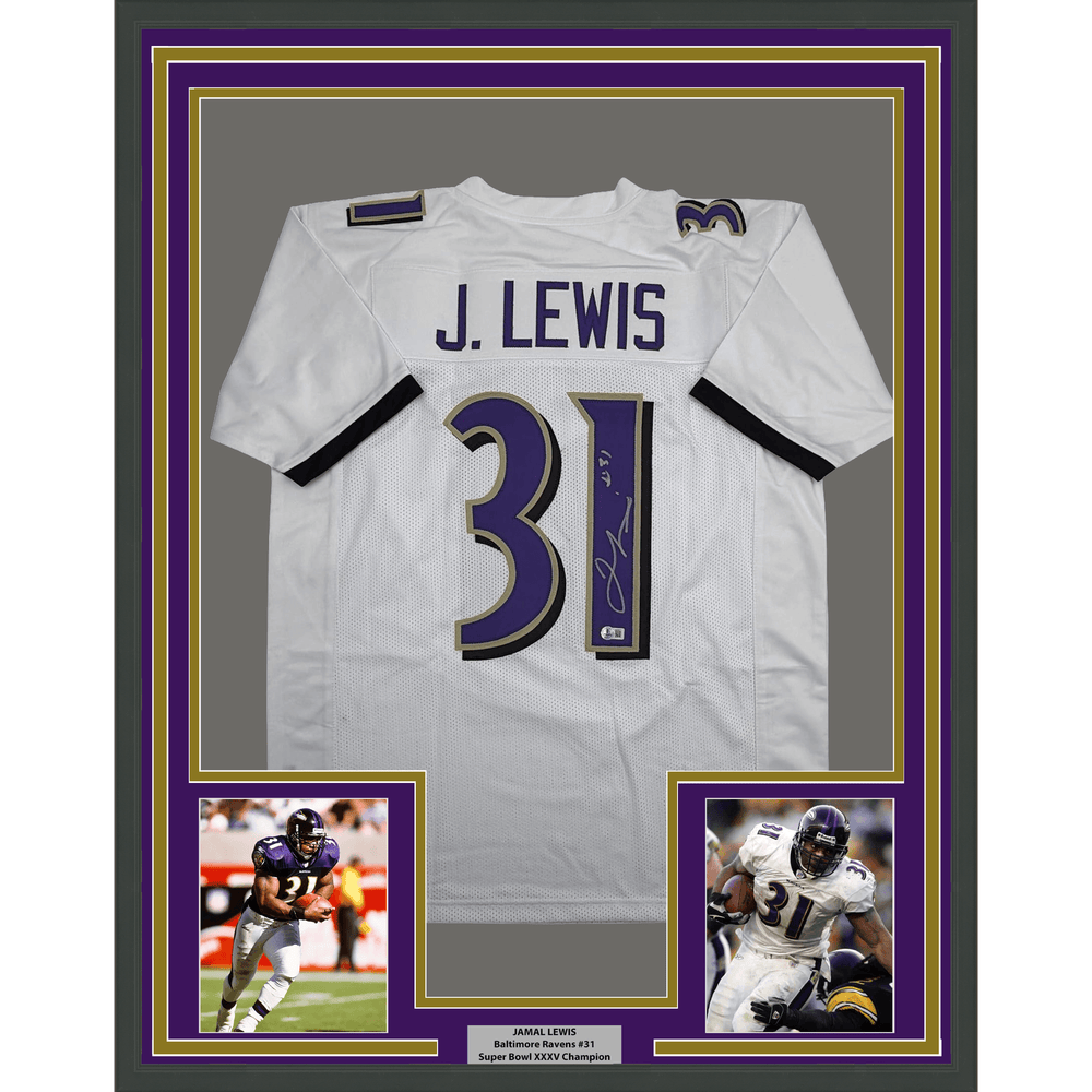 Framed Autographed/Signed Jamal Lewis 35x39 Baltimore White Football Jersey Beckett BAS COA