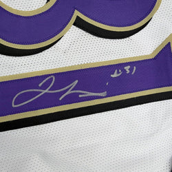 Framed Autographed/Signed Jamal Lewis 35x39 Baltimore White Football Jersey Beckett BAS COA