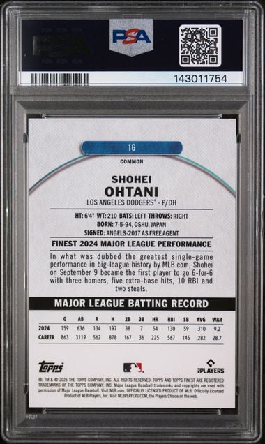 Graded 2025 Topps Finest Shohei Ohtani #16 Baseball Card PSA 10 Gem Mint
