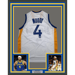 Framed Autographed/Signed Moses Moody 35x37 Golden State White Basketball Jersey Beckett BAS COA